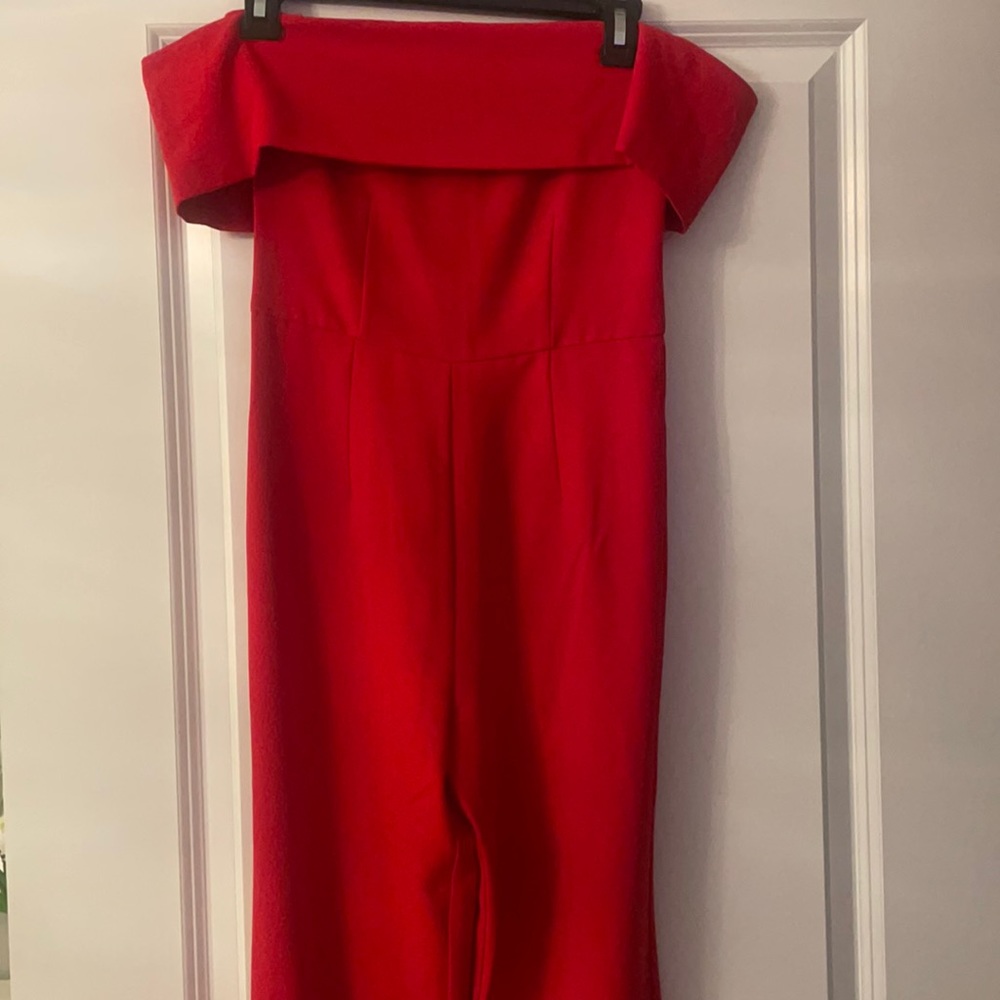 Red off the shoulder jumpsuit